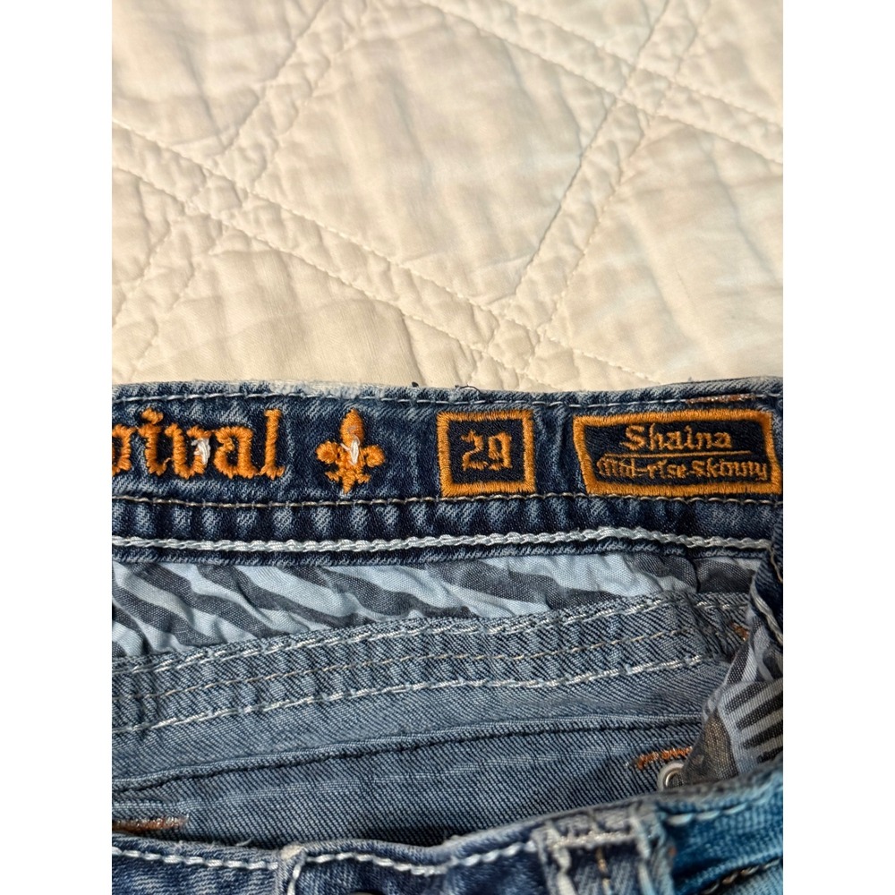 Rock Revival Shaina Mid-Rise Skinny Jeans Blue Fleur De Lis Rhinestone Size 29 - Picture 9 of 13